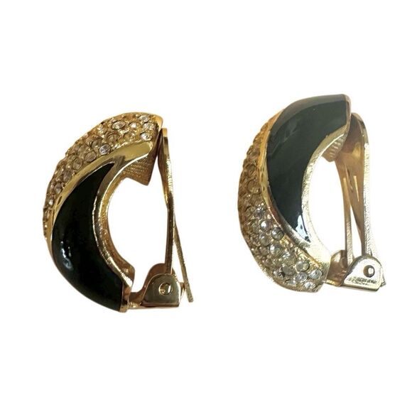 Christian Dior Gold & Black Enamel Rhinestone Clip-On Earrings ✨ - Picture 5 of 9